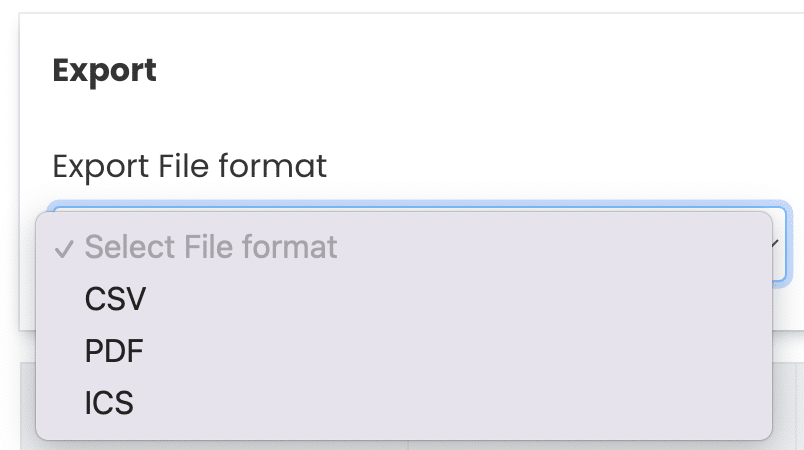 Exportdateiformat. Verfügbare Optionen sind CSV, PDF und ICS.&nbsp;