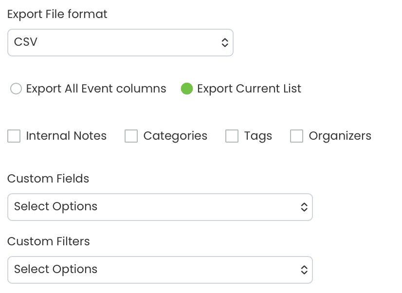 Wenn Sie „Aktuelle Liste exportieren“ auswählen, werden zusätzliche Einstellungen angezeigt.