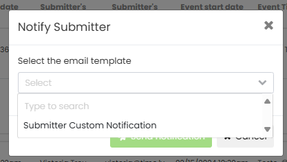 Pop-up window to select your custom email template to manually send custom emails.