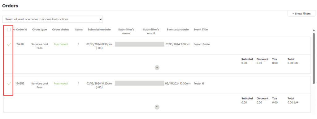 Checkboxes next to the booking requests to manually send custom emails.