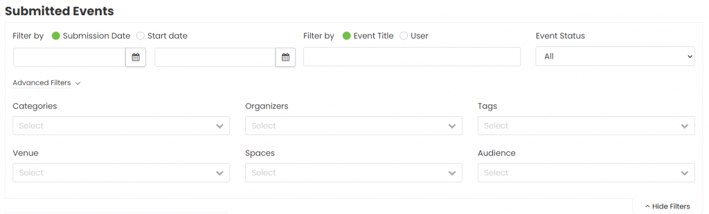 Available filters to narrow down results by submission date, venue, space, or organizer.