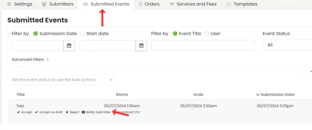 Submitter events tab within Timely software dashboard.