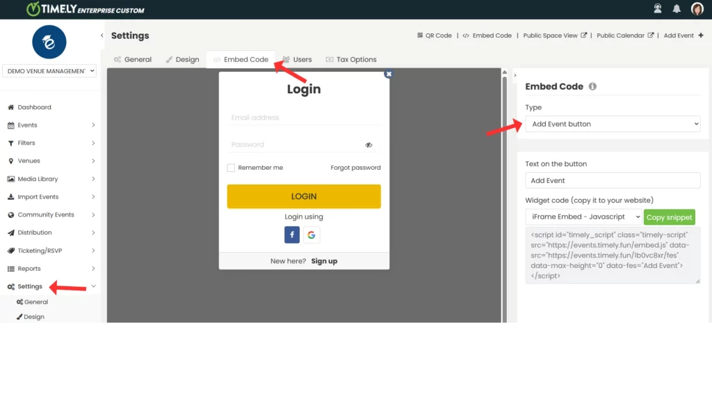 Timely dashboard embed code settings for the add event button.