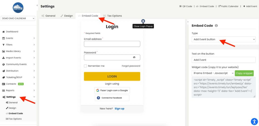 Timely Configuración de código de inserción para el botón Agregar evento.
