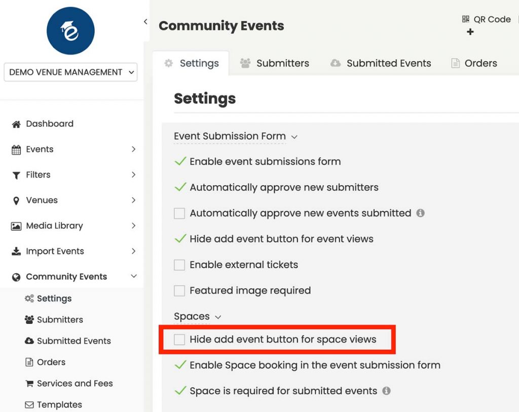 timely dashboard community events menu settings with the hide add event button option for space views.