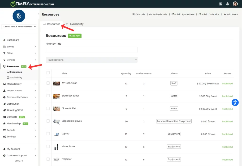 Onglet Ressources sur Timely tableau de bord