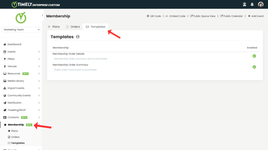Abschnitt „Mitgliedschaftsvorlagen“ TimelyDashboard.