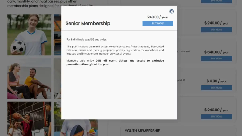 The membership plan details view on the public view.