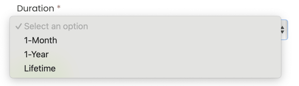 Liste der Optionen für die Mitgliedschaftsdauer.