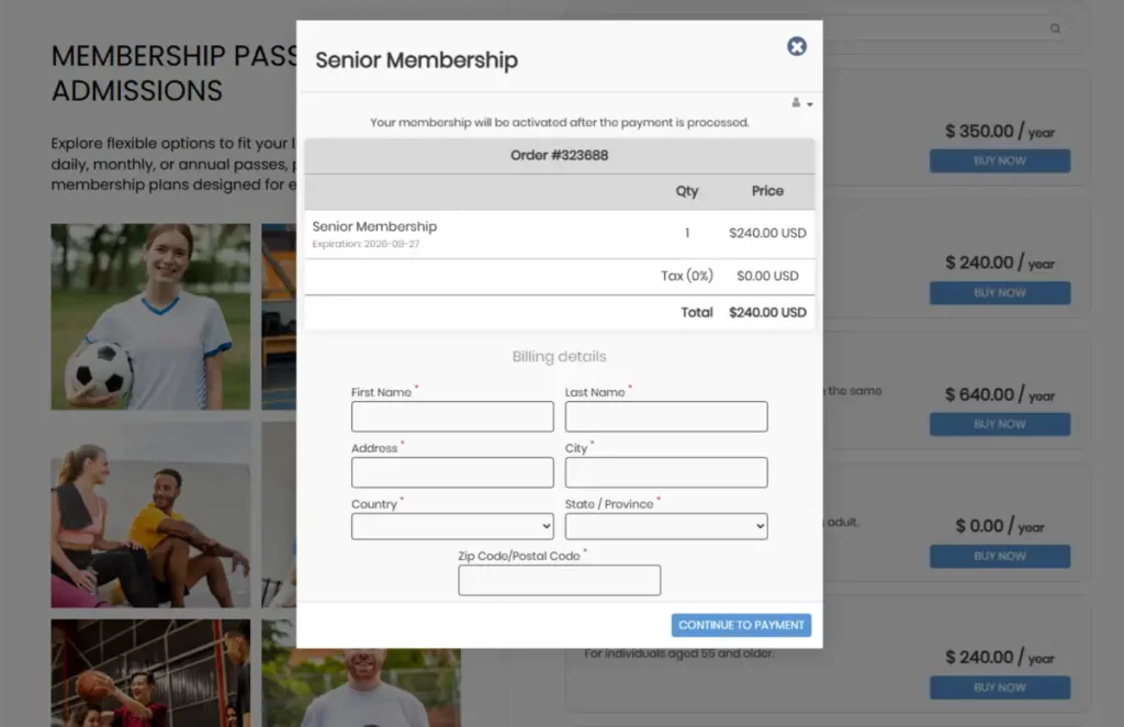 The membership plan checkout on the public view.