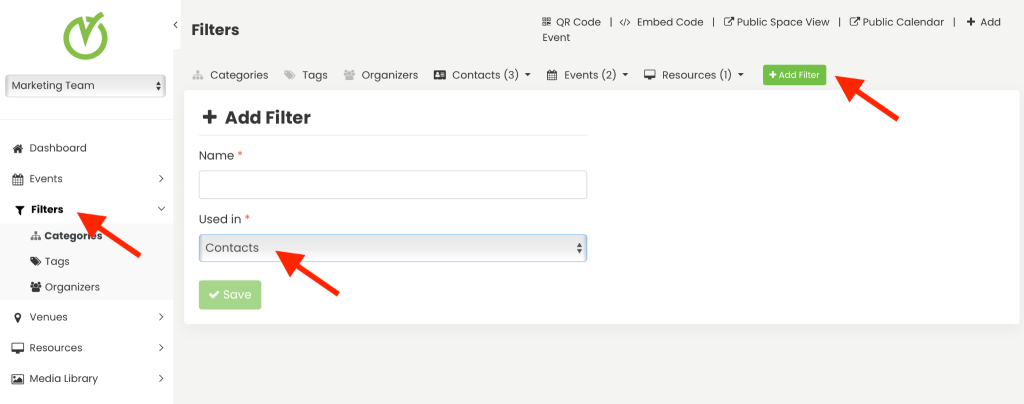 Option to create filters for contacts.