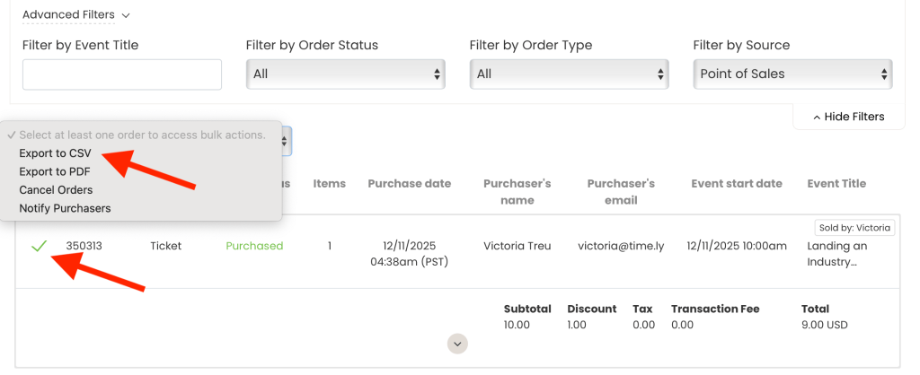 Bulk action options for orders.