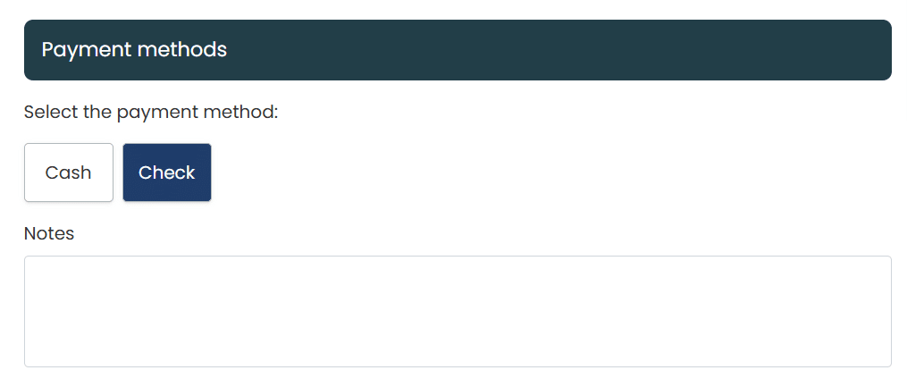 Cash and check payment methods.