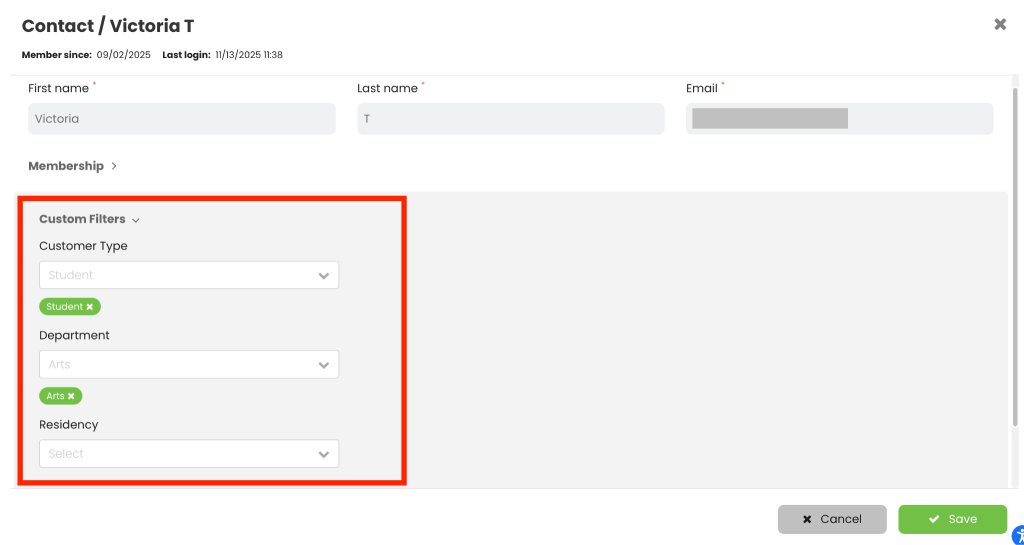 Custom filters within contact card