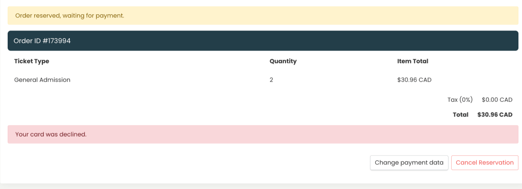 Order reserved, waiting for payment message.