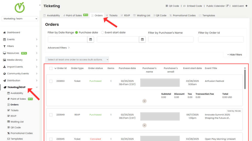 Orders tab within Ticketing.
