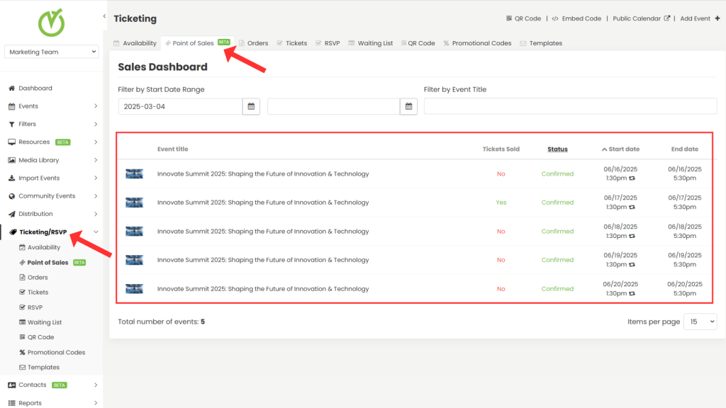 Timely ticketing POS dashboard overview.