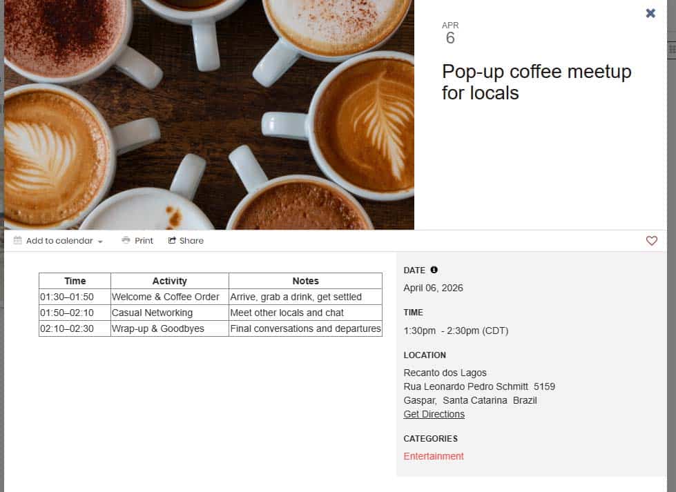 The event page public view with a table added to the event description