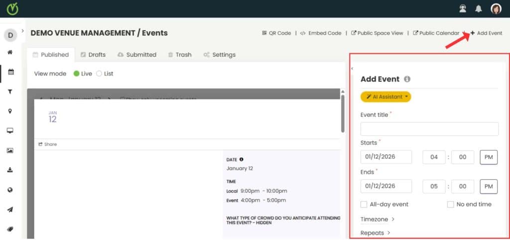 The step to create a new event or edit an event in order to add or edit tables to your Timely event.