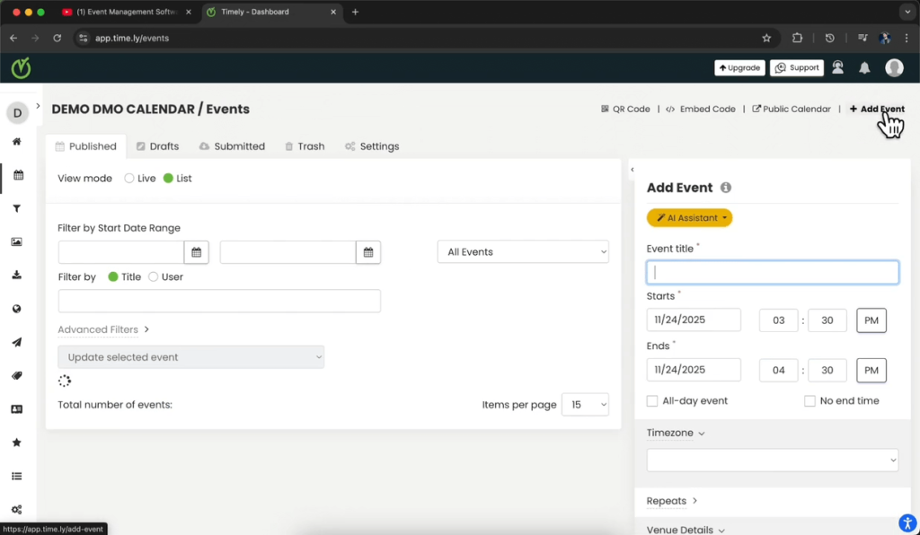 Click Add Event or open an existing event to edit it