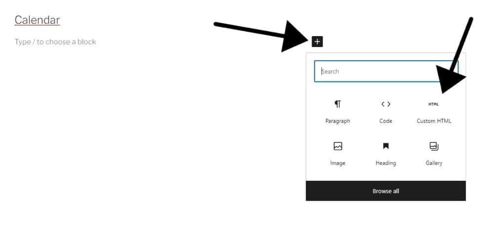 tela de impressão das opções de bloqueio do WordPress para incorporar códigos HTML