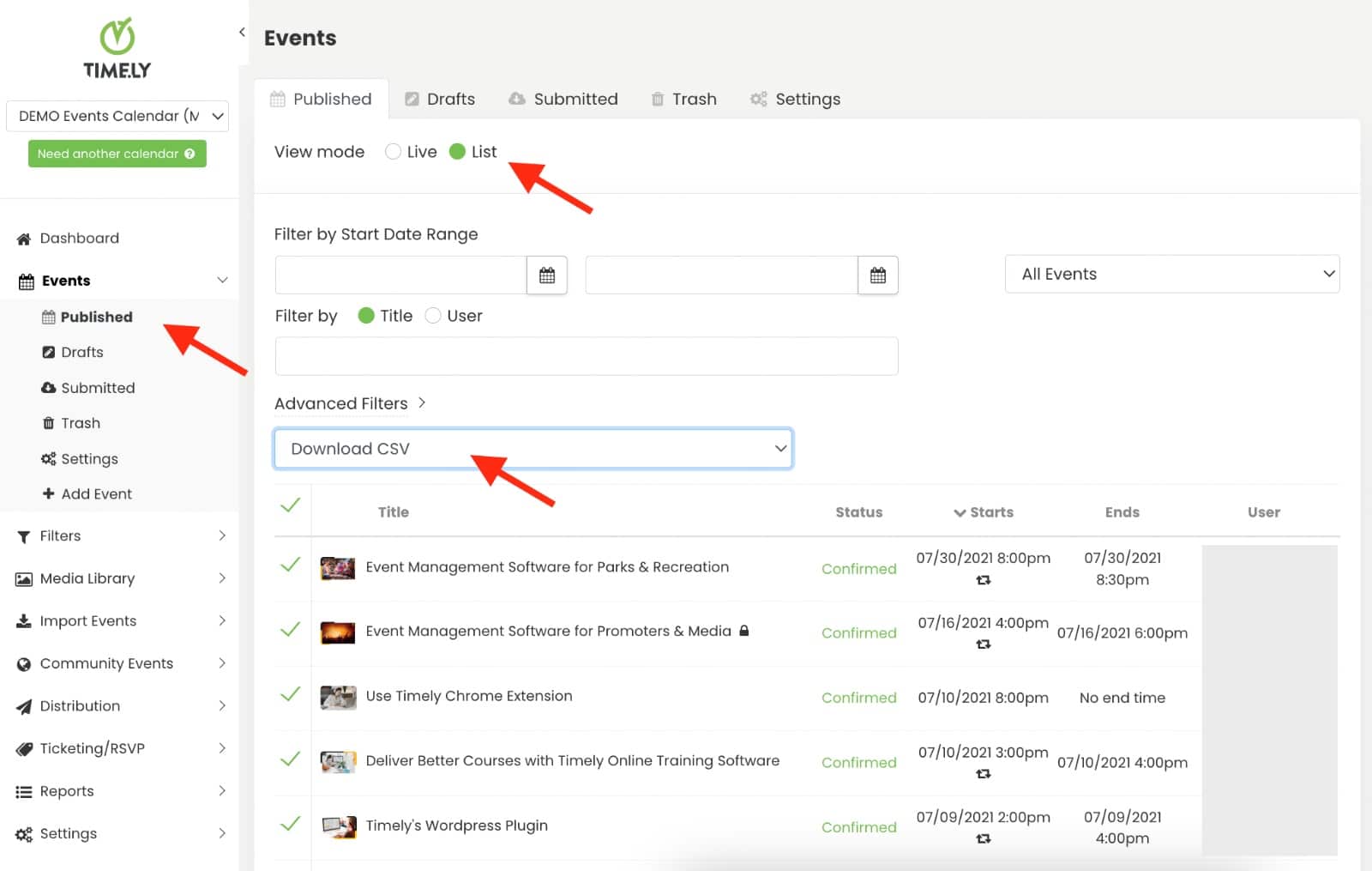 Visão geral da opção de download do arquivo CSV do evento.