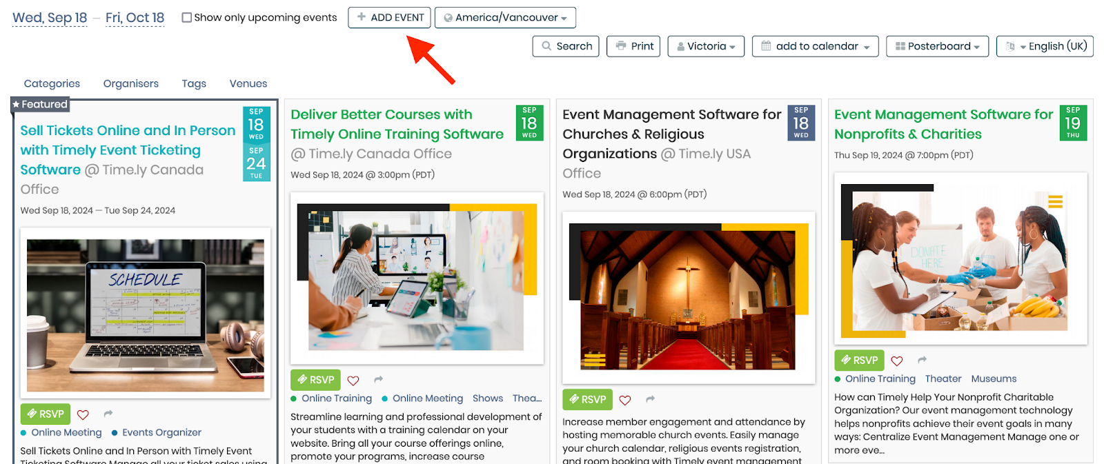 Timely pulsante aggiungi evento nella vista calendario pubblico.