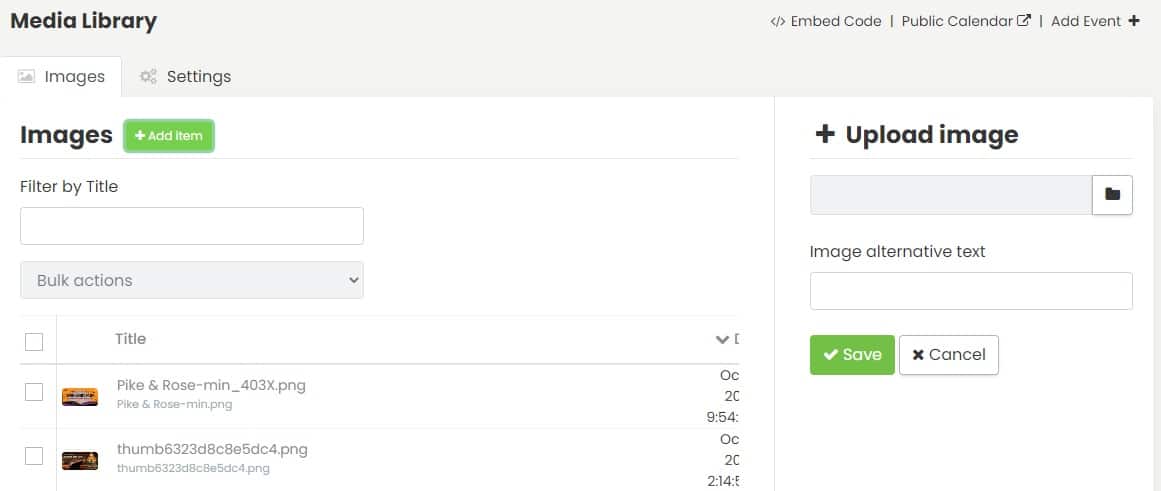 print screen of Timely Media Library showing how to upload images