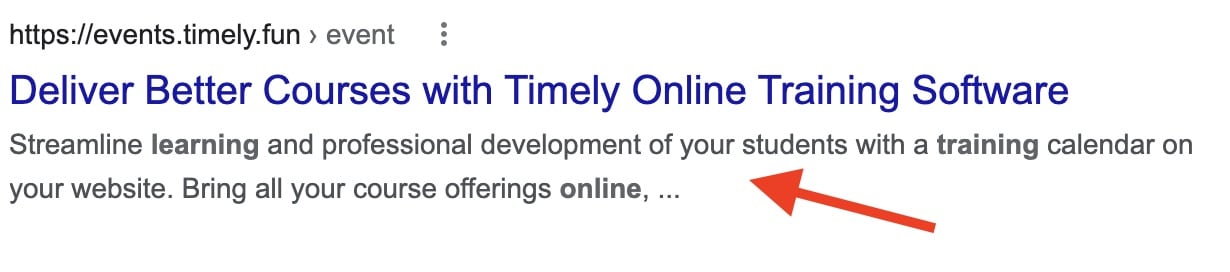 Schermata di stampa della SERP che mostra la descrizione dell'evento applicata come tag di meta descrizione per la pagina dell'evento