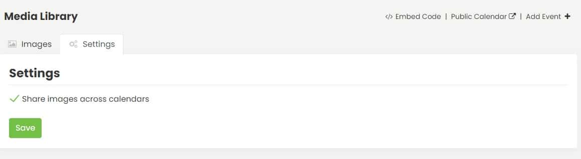 screenshot of Timely event management software with media library settings to share events across calendars