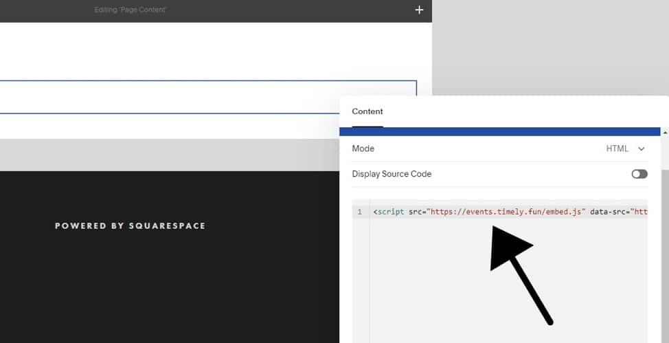 tela de impressão da opção de código de incorporação do SquareSpace
