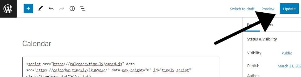 tela de impressão do editor visual mostrando como adicionar calendário de eventos ao wordpress