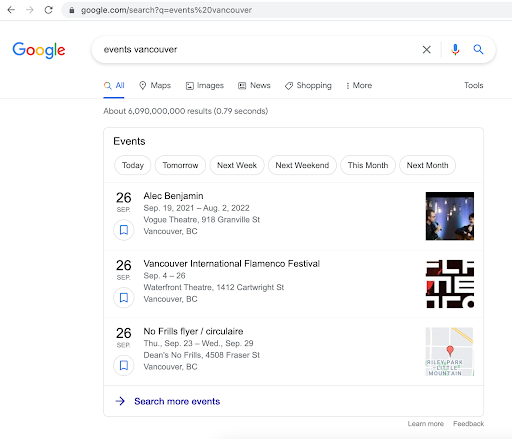 Schermata di stampa dello snippet dell'evento SERP che mostra i prossimi eventi a Vancouver, BC Canada