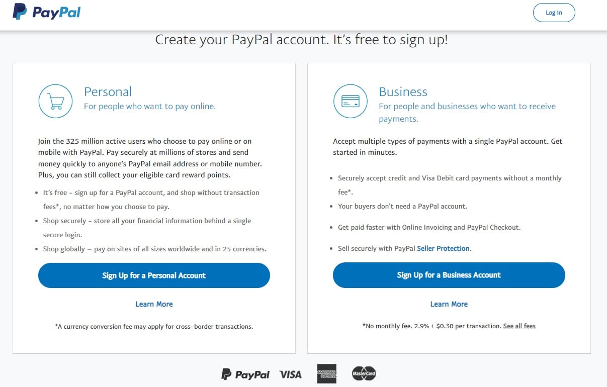 tela de impressão da página de criação de conta do gateway de pagamento do PayPal