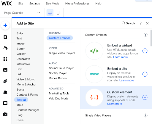 tela de impressão do site wix destacando onde adicionar um elemento personalizado