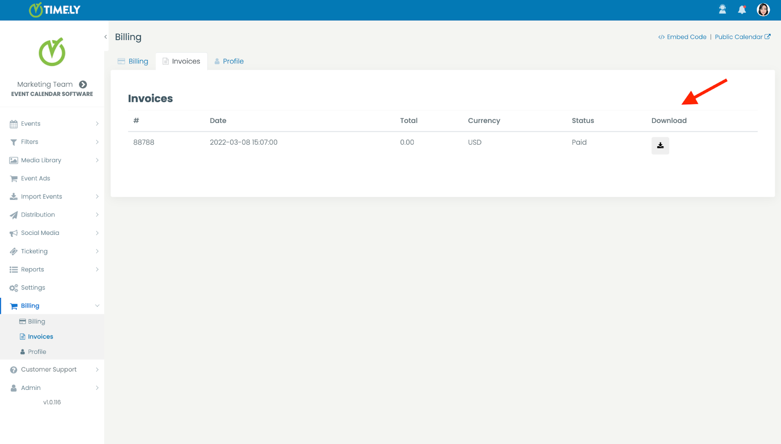 Stampa schermo di Timely dashboard con una freccia che mostra come visualizzare e scaricare le fatture puntuali