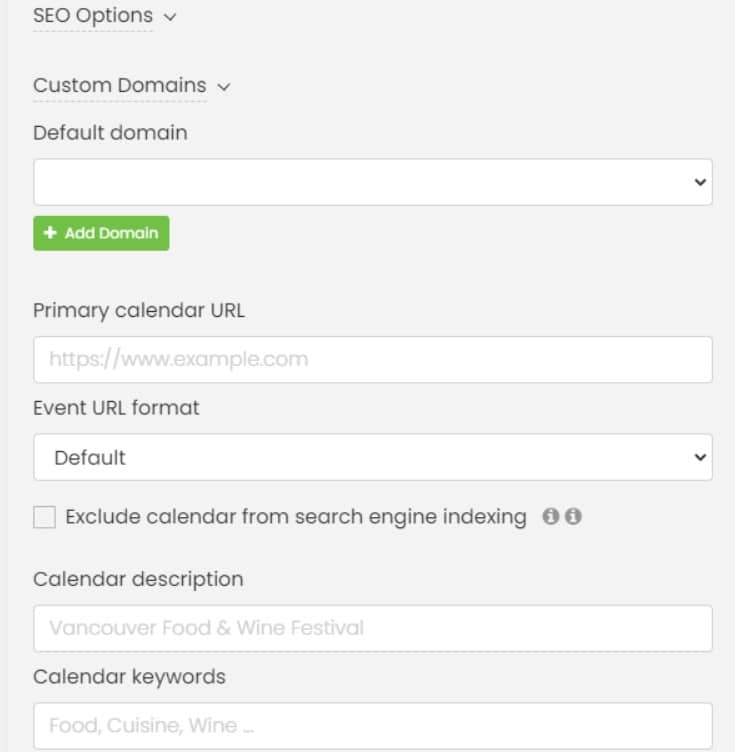 tela de impressão da área onde você pode alterá-lo Timely Opções de SEO do calendário