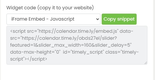 tela de impressão de Timely slider do sistema de gerenciamento de eventos embed gerador de código