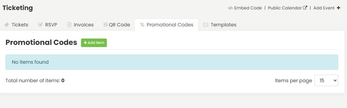 stampa schermo di Timely pagina dei codici promozionali del dashboard del software per eventi