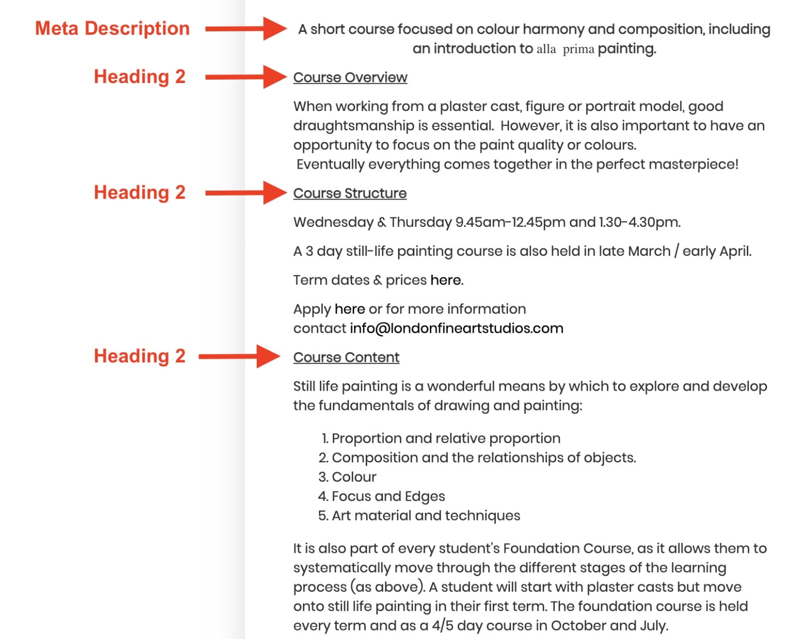 Schermata di stampa della pagina di un evento che mostra i contenuti separati da intestazioni