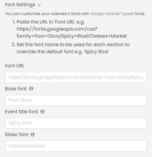 tela de impressão das configurações de fonte do calendário do painel oportuno