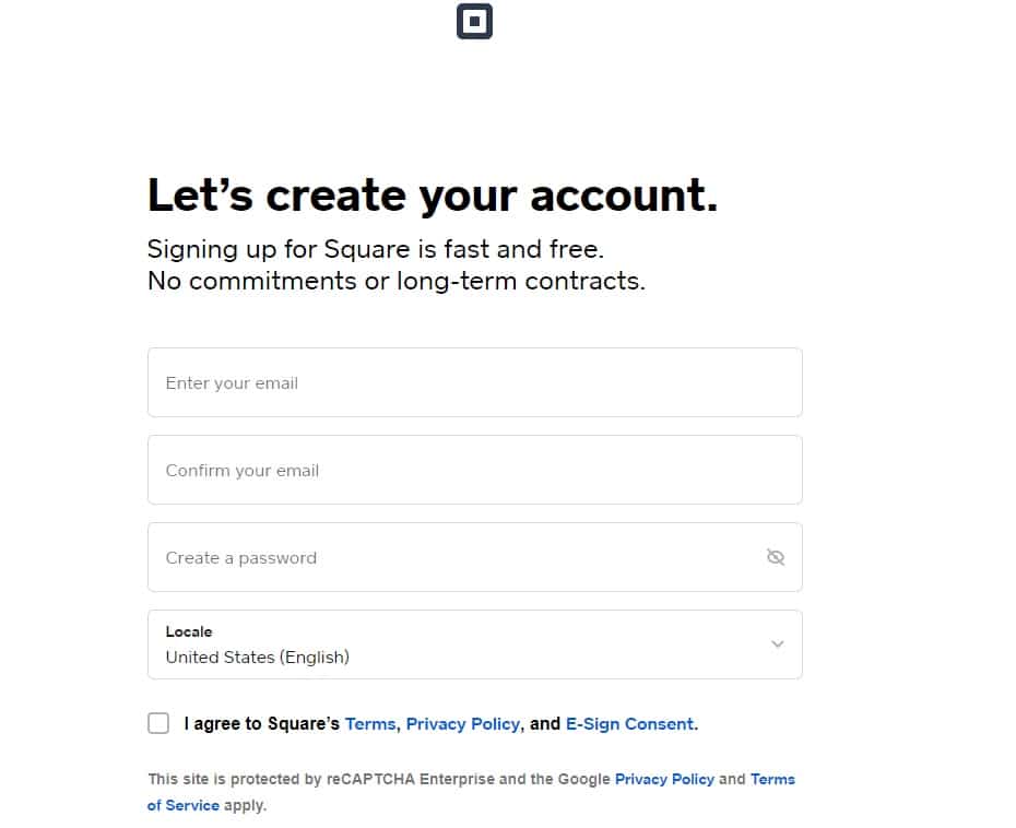 tela de impressão da página da web de criação de conta do gateway de pagamento quadrado