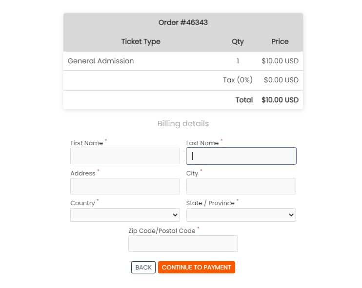 stampa schermo di Timely pagina dei dettagli di fatturazione per acquistare i biglietti per gli eventi
