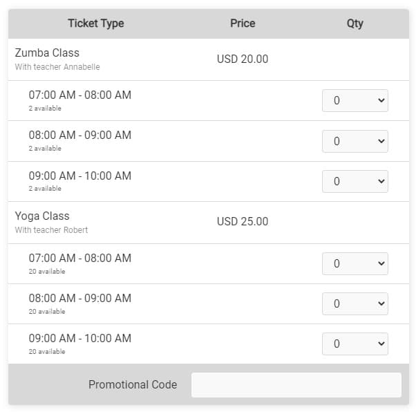 schermata di stampa dell'opzione del biglietto a fascia oraria sul calendario pubblico con due blocchi di biglietti