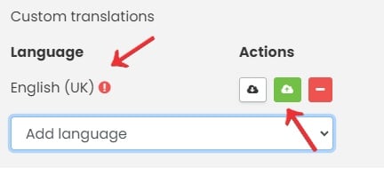 captura de tela de Timely opções de upload de traduções personalizadas do painel