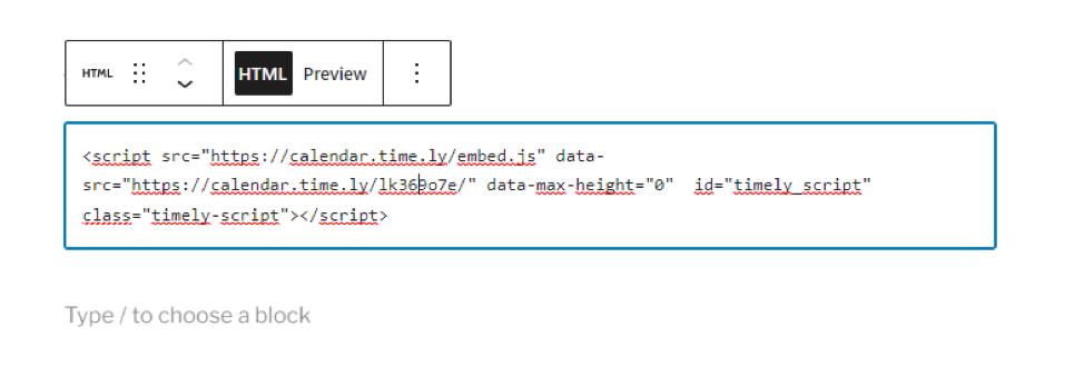tela de impressão do bloco HTML personalizado do WordPress mostrando onde adicionar o código de incorporação para instalar o calendário de eventos