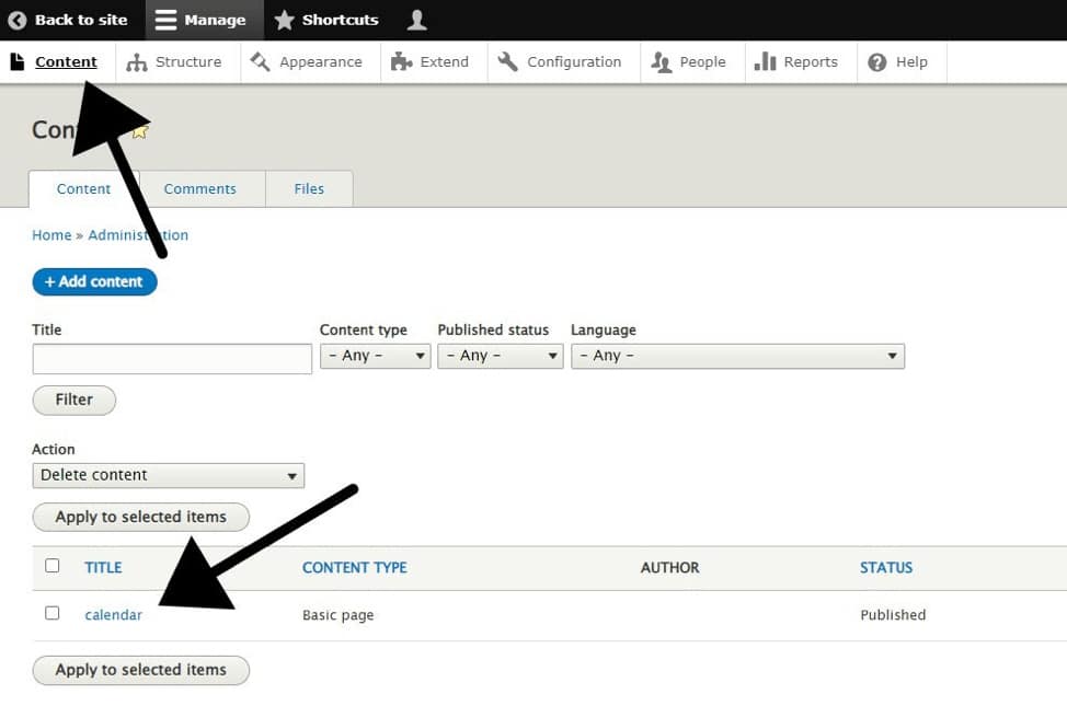 tela de impressão do painel de conteúdo do Drupal