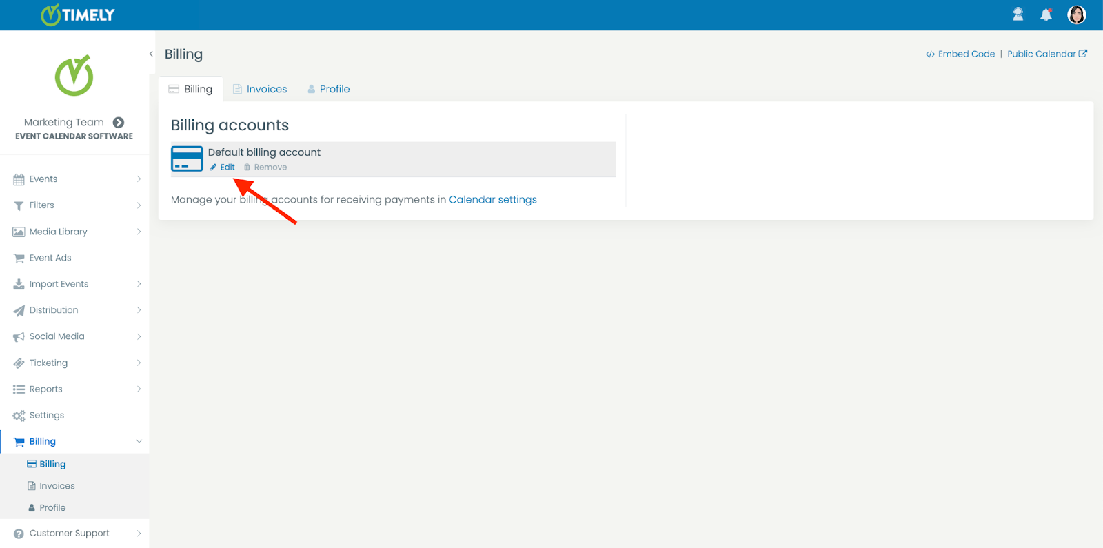 stampa schermo di Timely dashboard, menu Fatturazione, indicando il pulsante di modifica