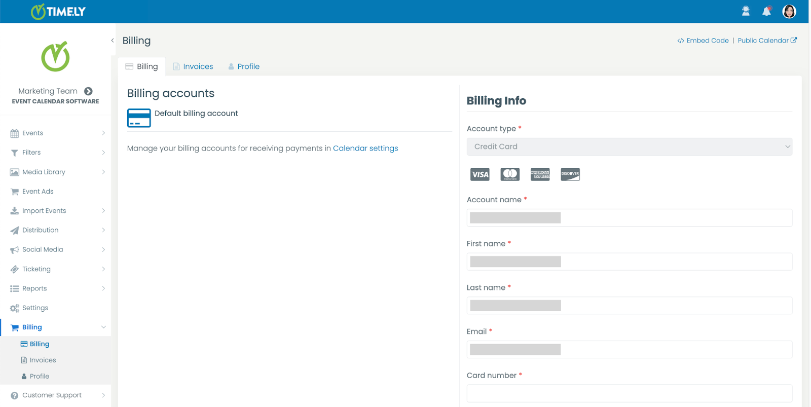 stampa schermo di Timely dashboard, menu di fatturazione, dati della carta di credito in fase di compilazione