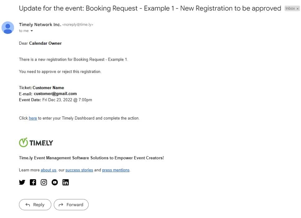 godta eller avslå RSVP-bestillingsforespørsel automatisert e-postvarsel